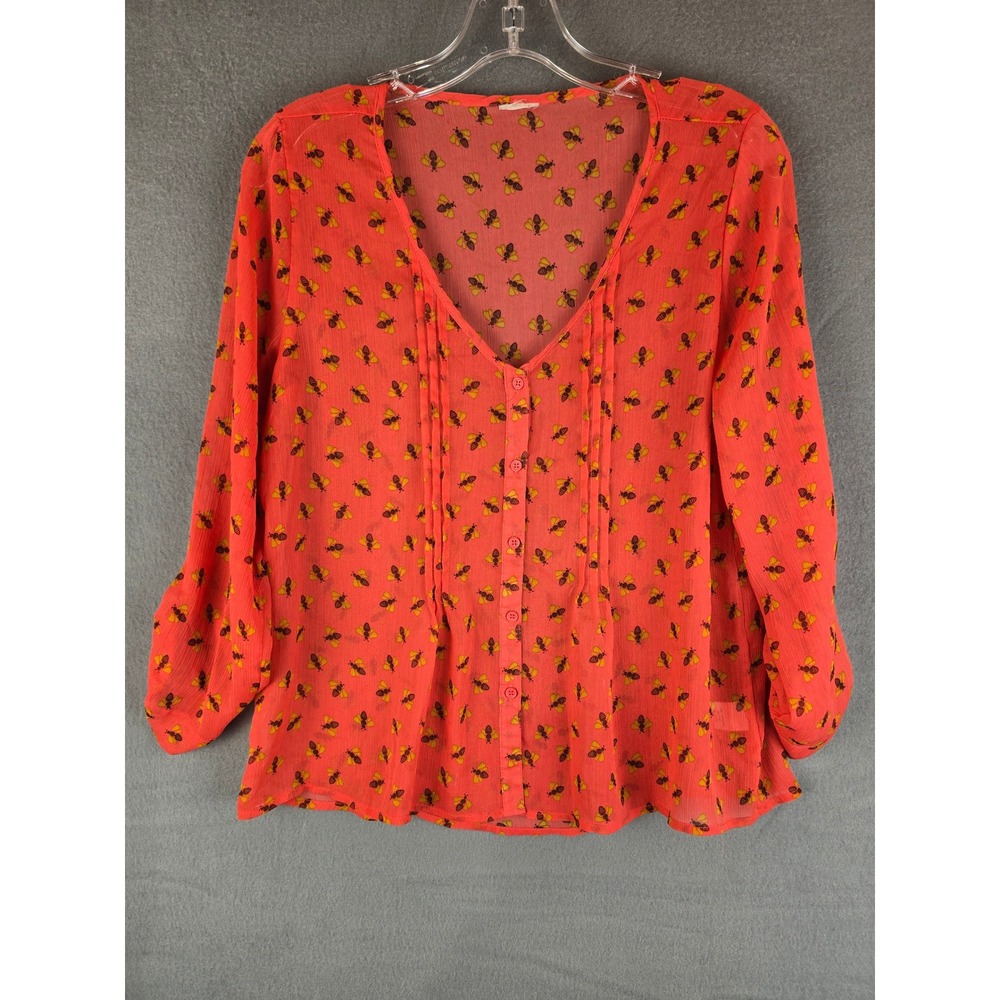 Mossimo Supply Co Bee Print Blouse Women M Roll Tab Sleeves Button Up Novelty